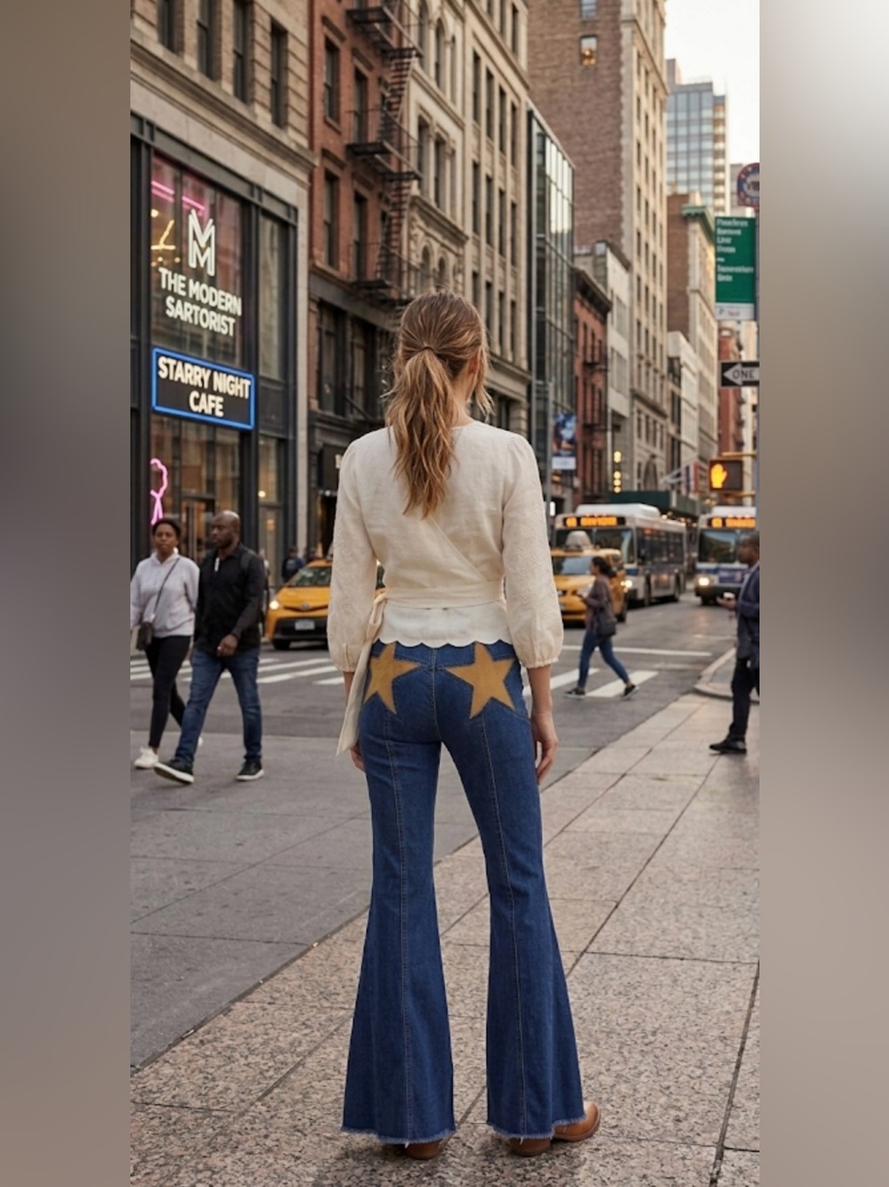 Saints and Hearts Women's Blue Denim Flare Jeans with Tan Star Patches - Picture 3 of 8